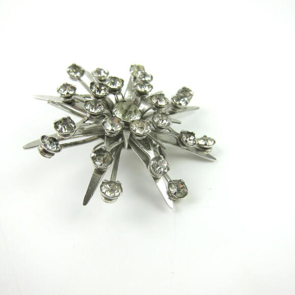 Vintage 1950s Atomic Style Pin Brooch Silver Tone & Rhinestones Snowflake Star - Picture 7 of 12